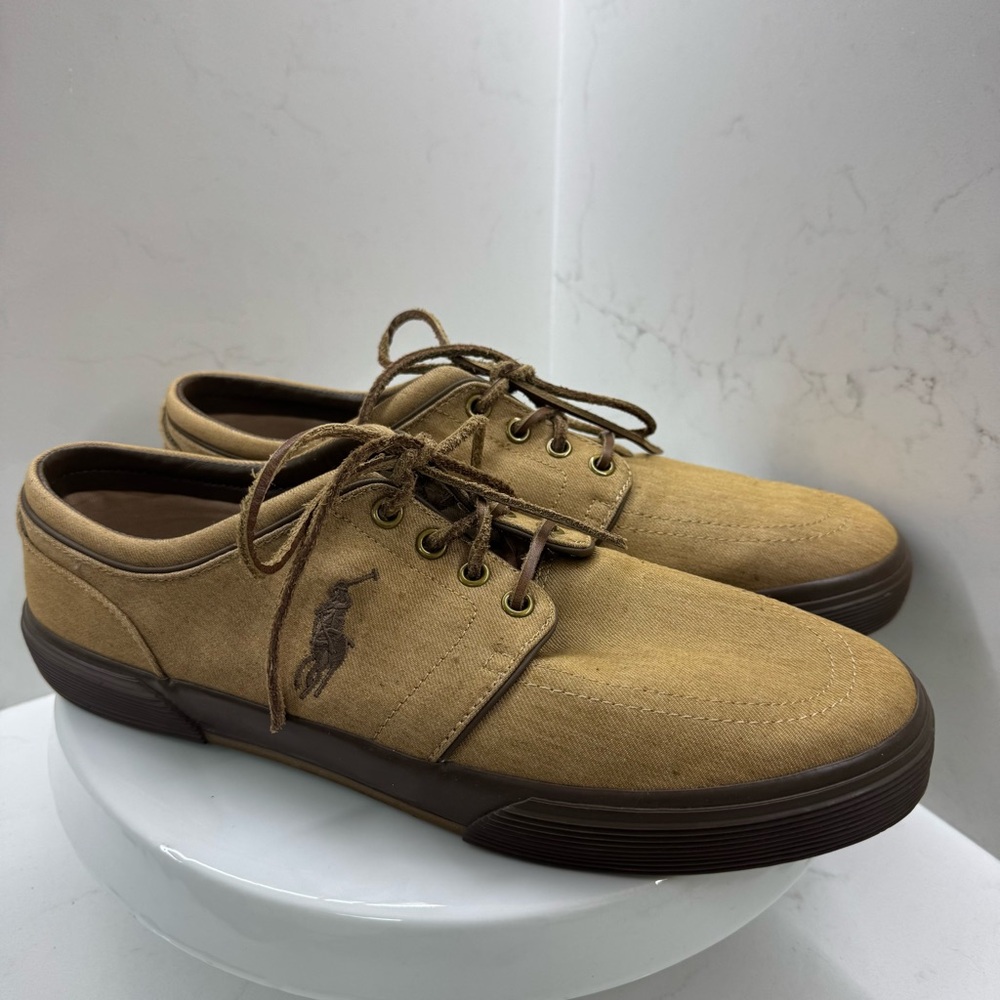 Polo Ralph Lauren Faxon Low Sneakers Men’s 10.5D Tan Denim Canvas Casual Shoes
